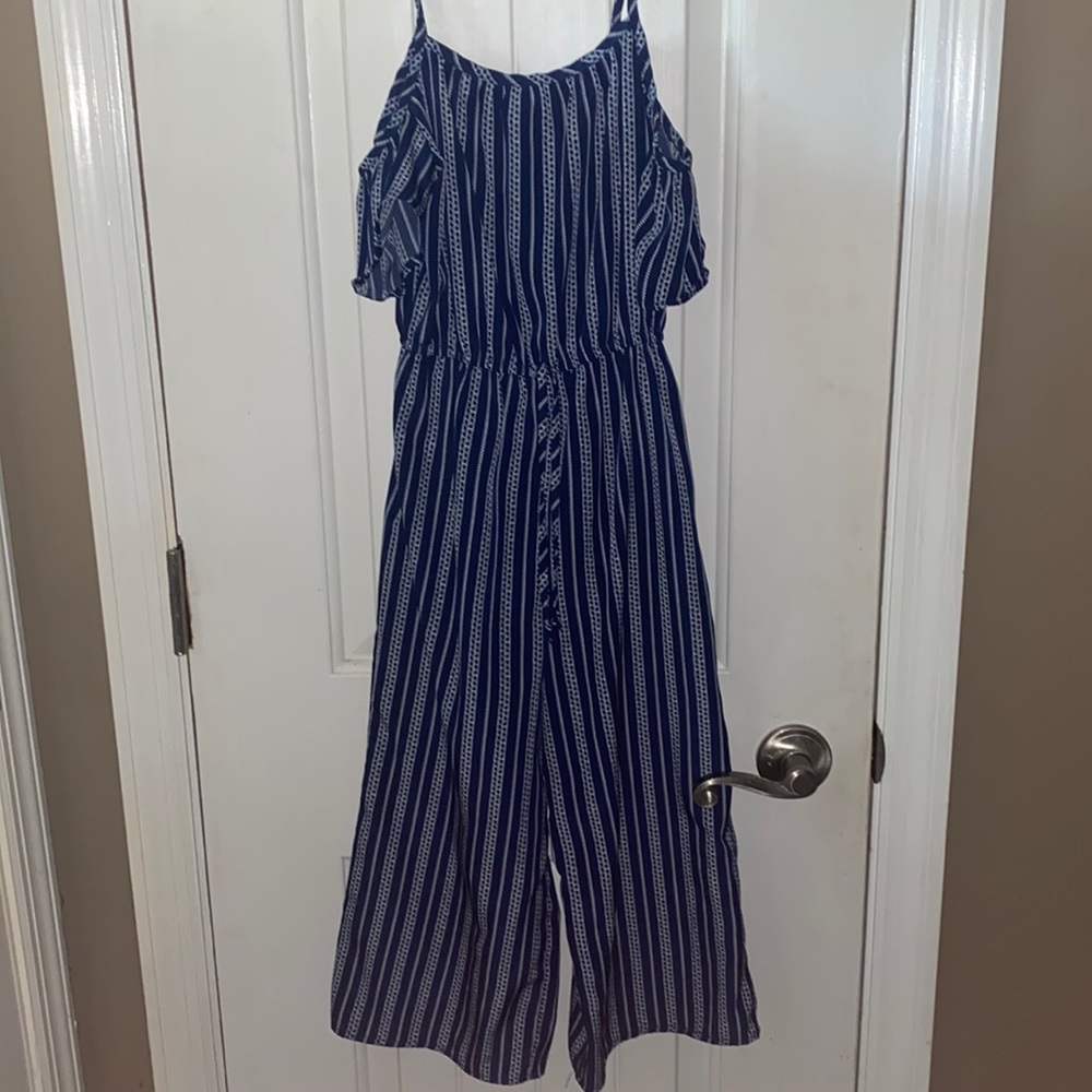 Girls off the shoulder romper. Size 8. Navy Blue with white pin stripes